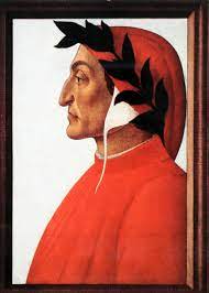 Portait of Dante Alighieri by Sandro Botticelli, 1495, 54×47 cm, with the iconic red dress and hat, and laurel crown.